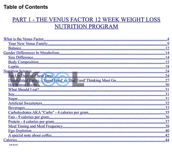 The venus factor diet table of contents