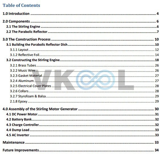 solar stirling plant table of contents