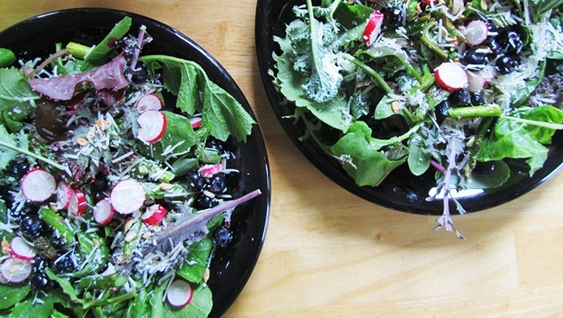 summer salad ideas - blueberry slaw and kale with buttermilk dressing